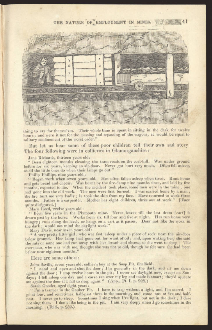 Page 41 from a book on mining showing an illustration of a child in a mine.