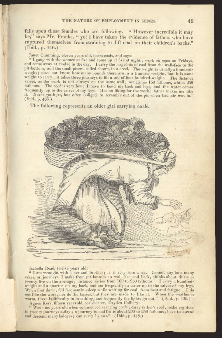 Page 49 from a book on mining showing an illustration of an older girl carrying coals on her back.