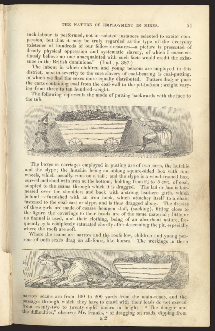 Page 51 from a book on mining showing illustration of children pulling and pushing coal carts down the mines.