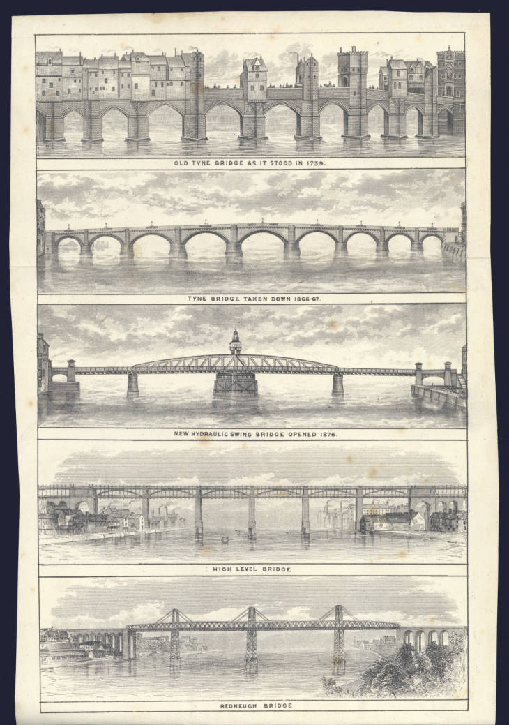 Pull out page depicting bridges across the River Tyne; Old Tyne Bridge as is stood in 1739, Tyne Bridge taken down 1866-67, new hydraulic Swing Bridge opened 1876, High Level Bridge and Redheugh Bridge.