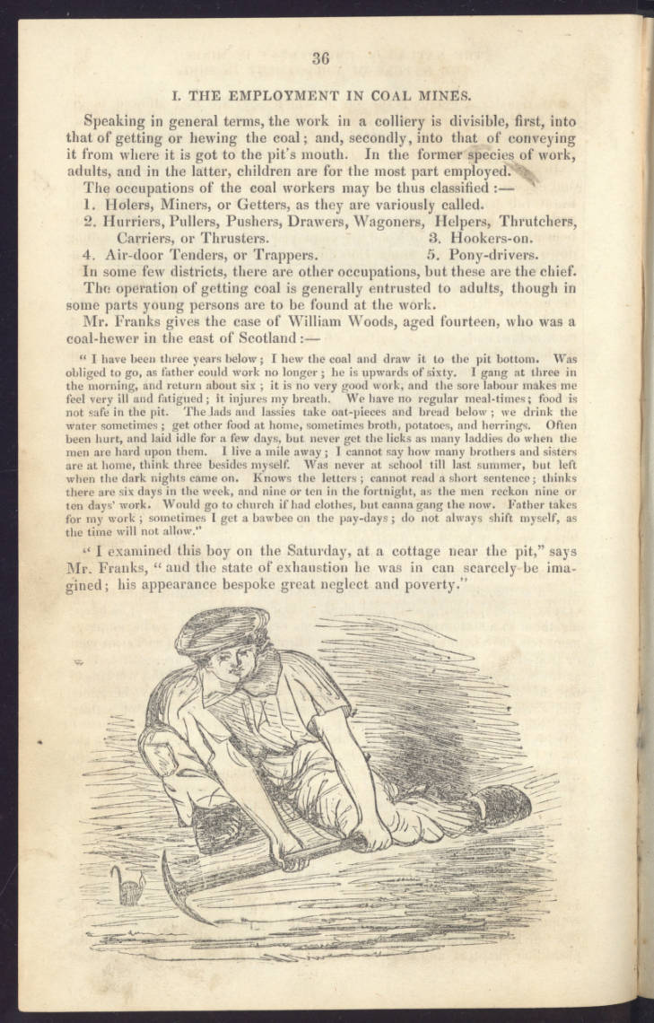 Page 36 from a book on mining which includes illustration of a young boy holding a pick axe.